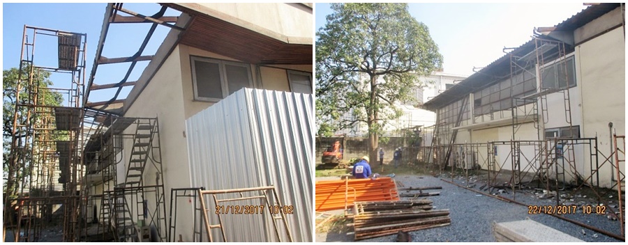 งานรื้อถอนแผงบังแดด และชายคาหลังคา อาคาร 2 